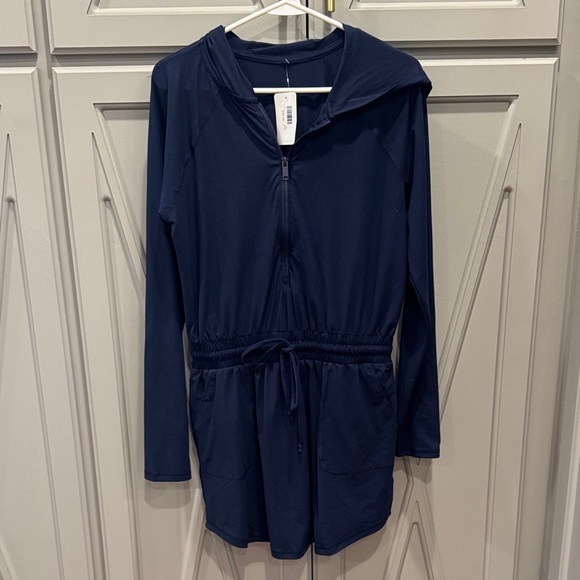 Navy Blue Hooded Zip-Up Romper - Picture 1 of 5
